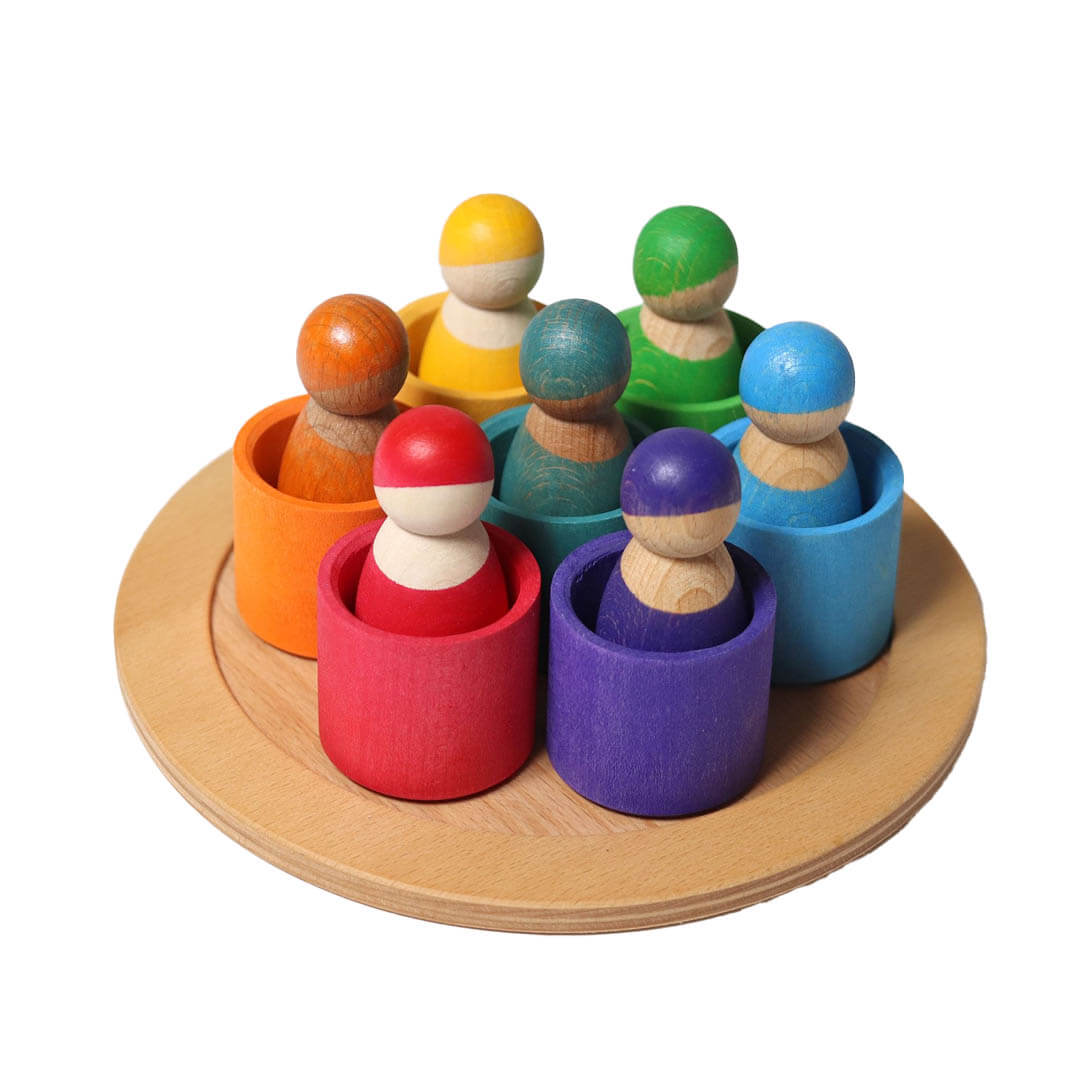 7 Rainbow Wooden Peg Dolls in Bowls